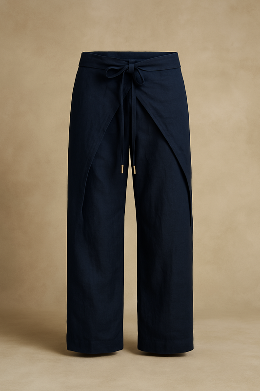 Linen Wrap Pants - Navy Blue