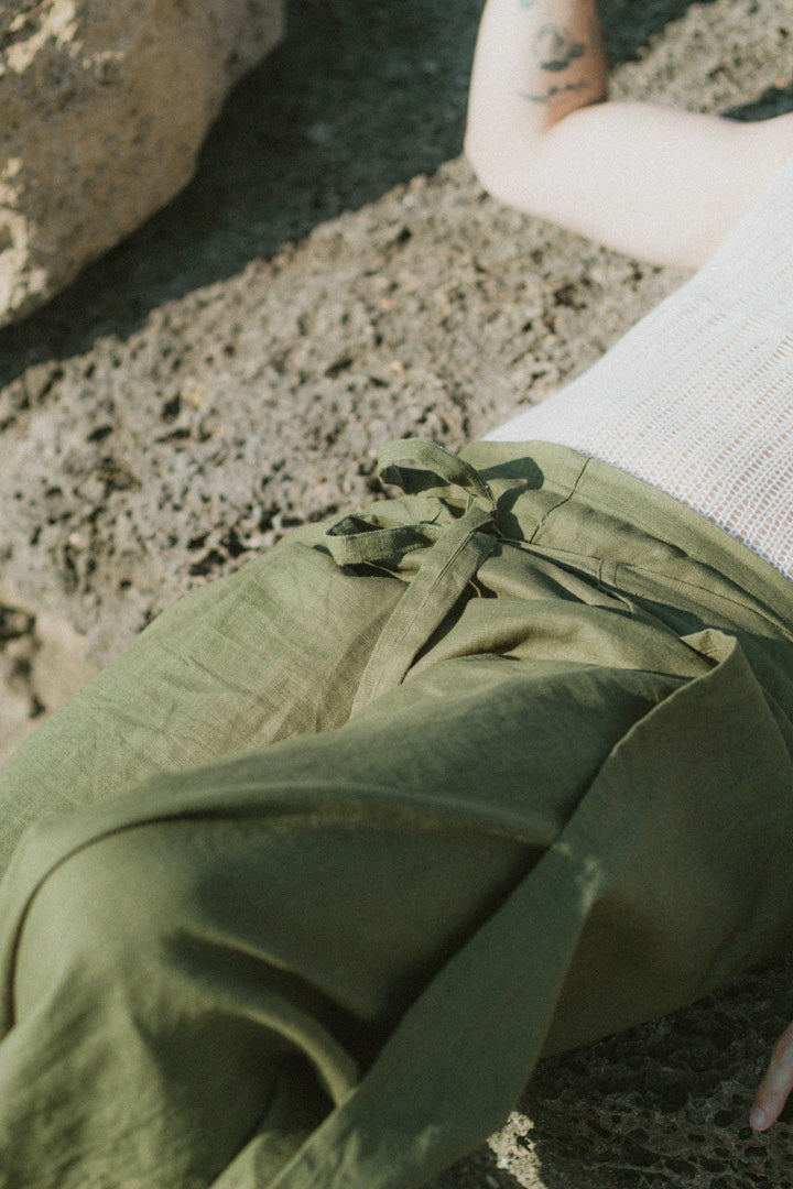 Linen Wrap Pants - Olive Green
