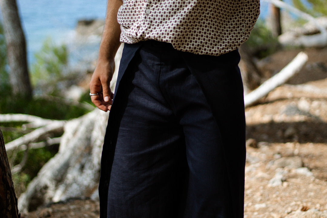 Linen Wrap Pants - Navy Blue