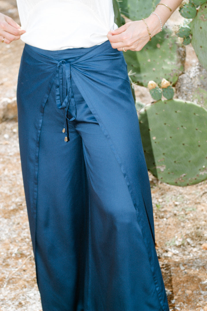 Bamboo Silk Wrap Pants - Blue