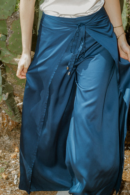 Bamboo Silk Wrap Pants - Blue