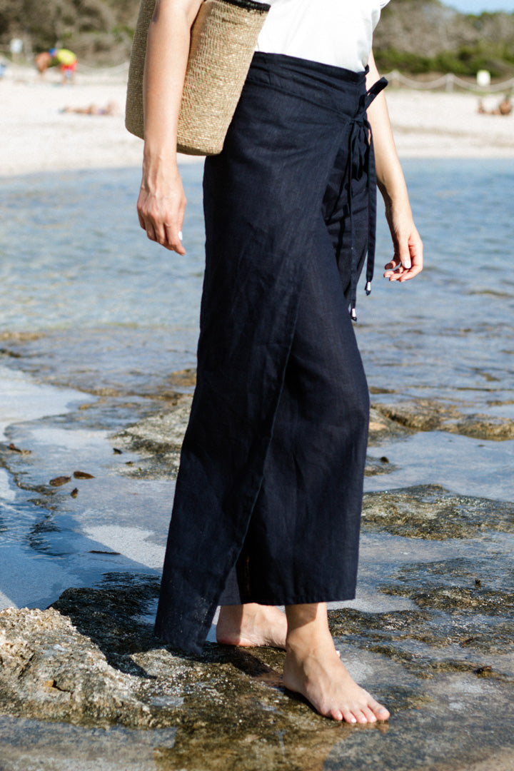 Linen Wrap Pants - Navy Blue