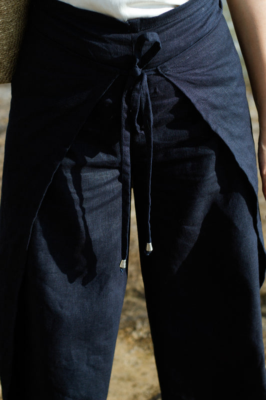 Linen Wrap Pants - Navy Blue