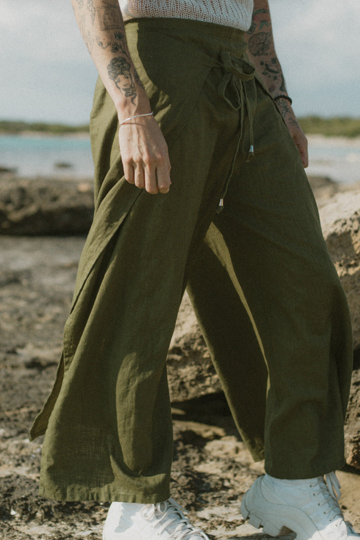 Linen Wrap Pants - Olive Green