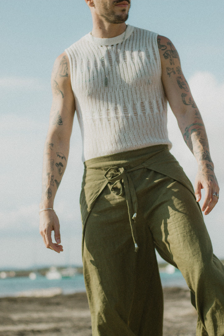 Linen Wrap Pants - Olive Green