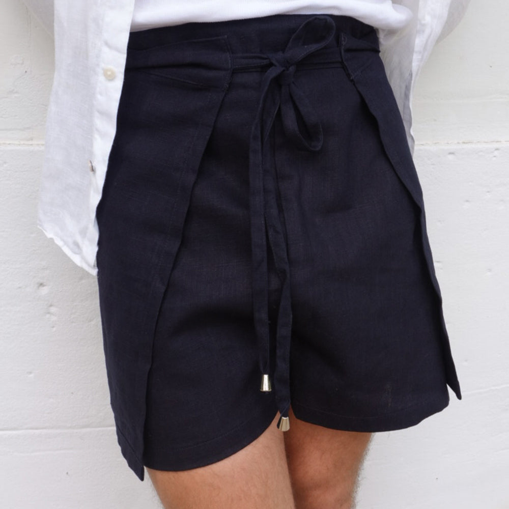 Linen Wrap Shorts - Navy Blue